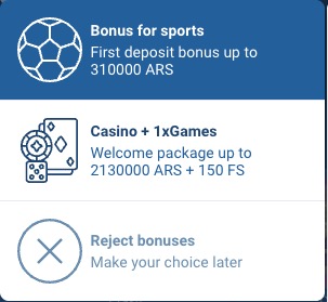 1xBet registration page showing the bonus selection screen where you enter promo code JBMAX