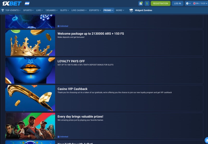 1xBet casino lobby showing available game categories including slots, live casino, and table games