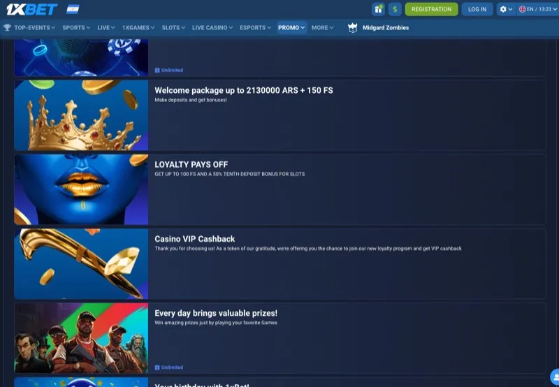 1xBet casino lobby showing available game categories including slots, live casino, and table games