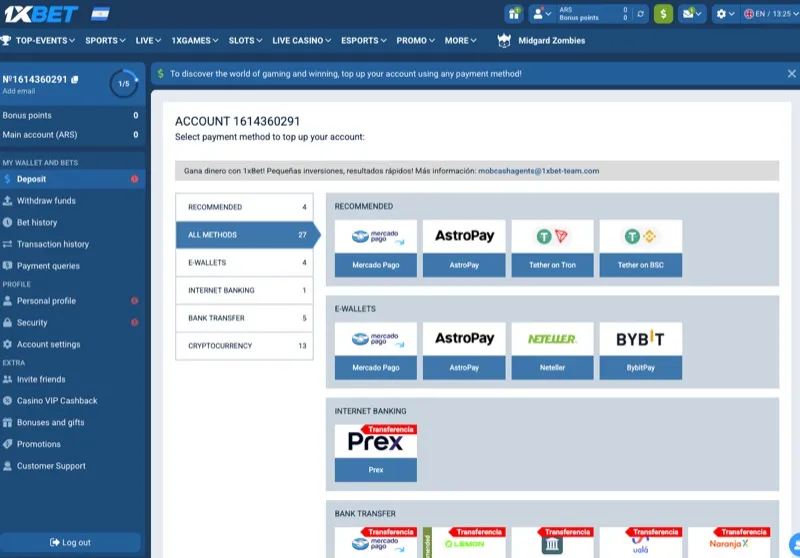 1xBet deposit page showing available payment methods including crypto, e-wallets, and bank transfer