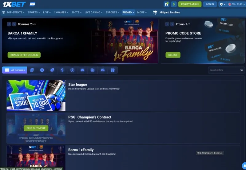 1xBet casino lobby showing available promotions and game categories