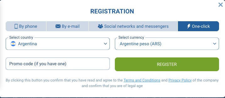 1xBet one-click registration showing promo code field and Register button