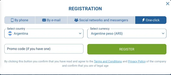 1xBet one-click registration showing promo code field and Register button