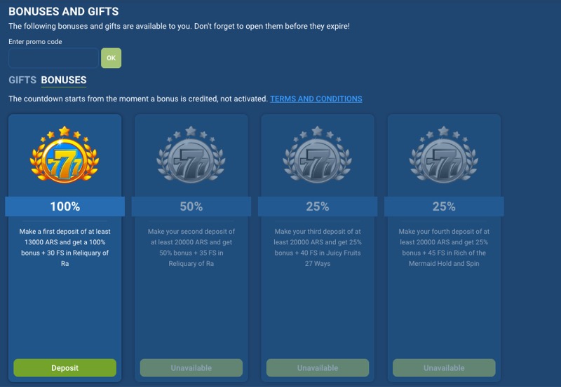 1xBet welcome bonus tiers showing the 4-deposit structure with match percentages and free spins